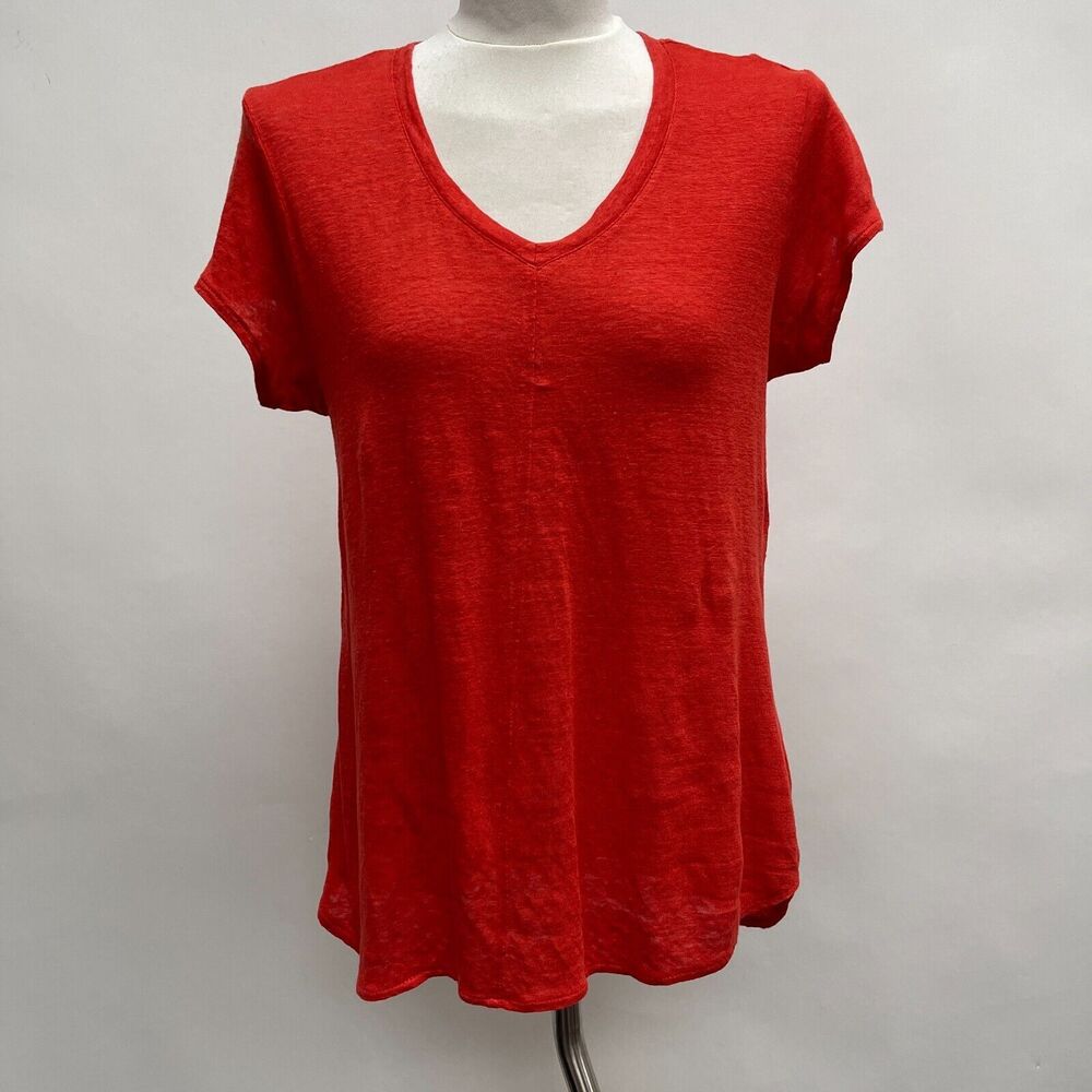 Tahari Women's Top Large Orange 100% Linen‎ Short Sleeve V-Neck